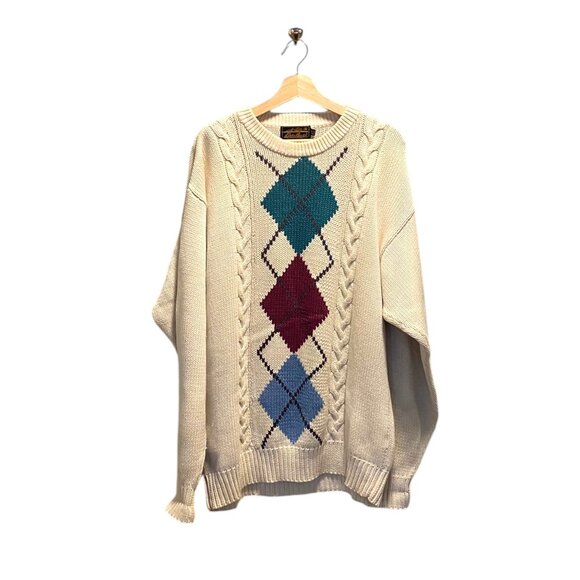 Eddie Bauer Vintage Argyle Pattern Crewneck Sweater Cream Size L Tall 90s Preppy - Picture 2 of 10